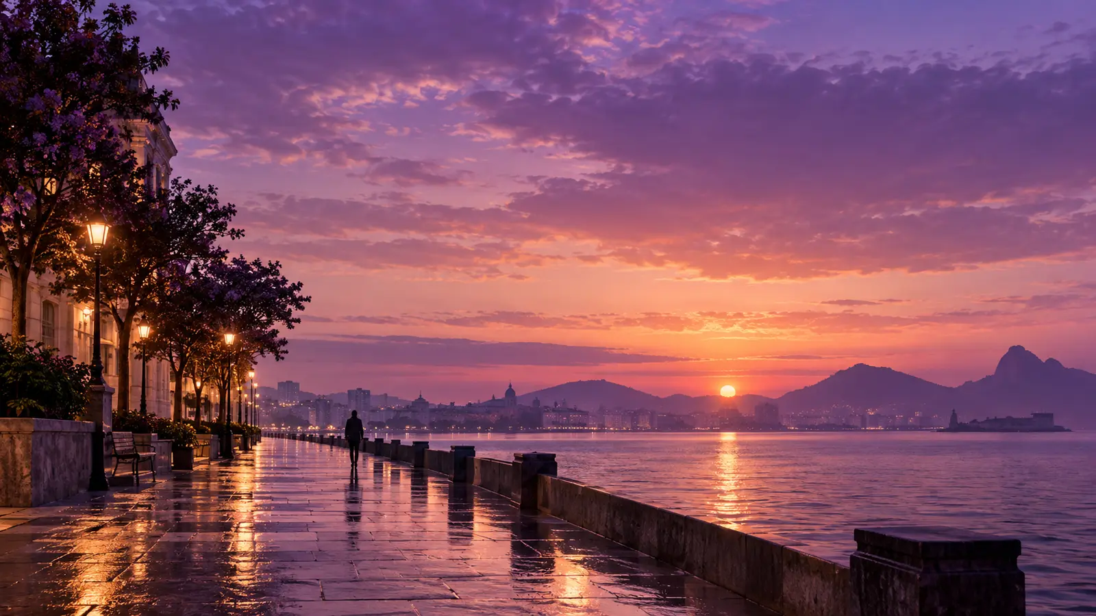 Pessoa caminhando por uma orla urbana sob a luz violeta e coral do crepúsculo